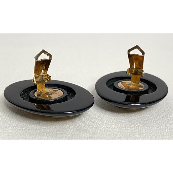 Oval Stud Earrings Black Enamel Framing Gold Tone Chip Inlay Clip On - Picture 3 of 7